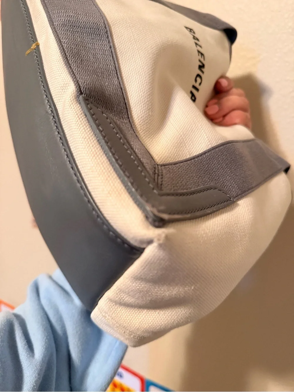 Balenciaga Gray Cabas S Canvas Leather Tote with Removable Pouch - Cream & Gray